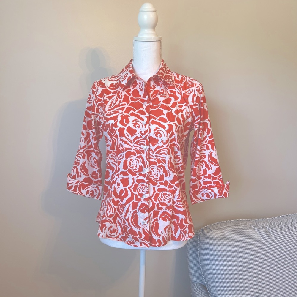 Coldwater Creek Floral Coral/ Orange & White Button Up 3/4 Sleeve Blouse… - Picture 1 of 6
